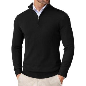 imageCOOFANDY Mens Quarter Zip Up Sweaters Slim Fit Lightweight Mock Neck Pullover Casual Polo SweatersBlack