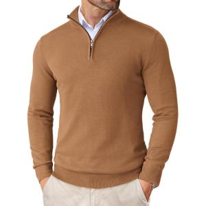 imageCOOFANDY Mens Quarter Zip Up Sweaters Slim Fit Lightweight Mock Neck Pullover Casual Polo SweatersBrown