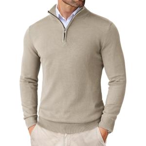 imageCOOFANDY Mens Quarter Zip Up Sweaters Slim Fit Lightweight Mock Neck Pullover Casual Polo SweatersKhaki