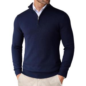 imageCOOFANDY Mens Quarter Zip Up Sweaters Slim Fit Lightweight Mock Neck Pullover Casual Polo SweatersNavy Blue
