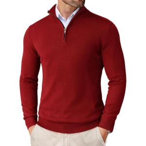 imageCOOFANDY Mens Quarter Zip Up Sweaters Slim Fit Lightweight Mock Neck Pullover Casual Polo SweatersRed