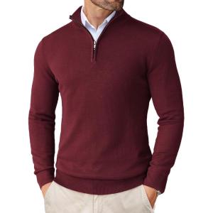 imageCOOFANDY Mens Quarter Zip Up Sweaters Slim Fit Lightweight Mock Neck Pullover Casual Polo SweatersWine Red