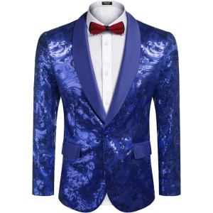 imageCOOFANDY Mens Sequin Blazer Sparkly Glitter Jacket Shiny Floral Suit Jacket Stylish Party Wedding Banquet Prom TuxedoBlue