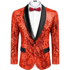 imageCOOFANDY Mens Sequin Blazer Sparkly Glitter Jacket Shiny Floral Suit Jacket Stylish Party Wedding Banquet Prom TuxedoRed  Black Lapel