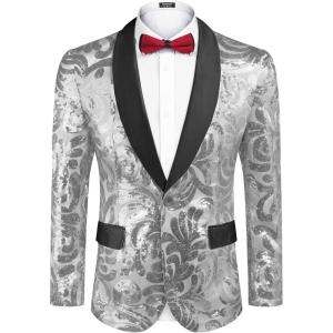 imageCOOFANDY Mens Sequin Blazer Sparkly Glitter Jacket Shiny Floral Suit Jacket Stylish Party Wedding Banquet Prom TuxedoSilver  Black Lapel