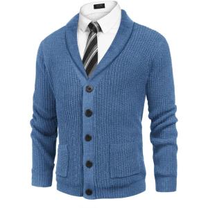 imageCOOFANDY Mens Shawl Collar Cardigan Sweater Slim Fit Cable Knit Button up Sweater with PocketsBlue