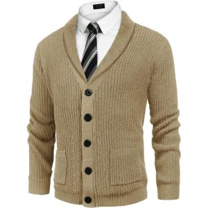 imageCOOFANDY Mens Shawl Collar Cardigan Sweater Slim Fit Cable Knit Button up Sweater with PocketsDark Khaki