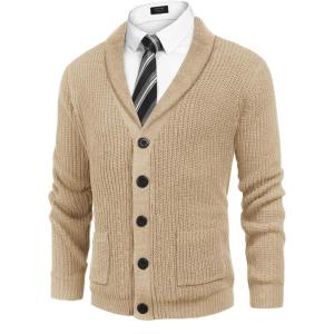 imageCOOFANDY Mens Shawl Collar Cardigan Sweater Slim Fit Cable Knit Button up Sweater with PocketsKhaki