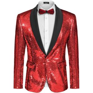 imageCOOFANDY Mens Shiny Sequin Blazer Tuxedo Party Dinner Prom One Button Suit JacketRed