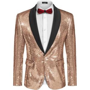 imageCOOFANDY Mens Shiny Sequin Blazer Tuxedo Party Dinner Prom One Button Suit JacketRose Golden