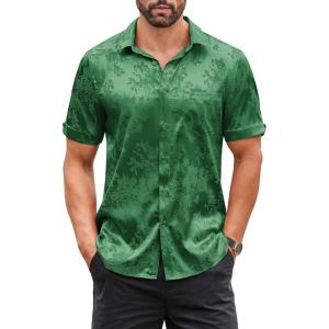 imageCOOFANDY Mens Silk Button Down Short Sleeve Shirt Satin Dress Shirts Summer Beach Wedding Shirt03 Deep Green