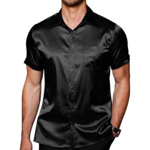 imageCOOFANDY Mens Silk Button Down Short Sleeve Shirt Satin Dress Shirts Summer Beach Wedding ShirtBlackpure
