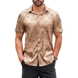 imageCOOFANDY Mens Silk Button Down Short Sleeve Shirt Satin Dress Shirts Summer Beach Wedding ShirtKhaki