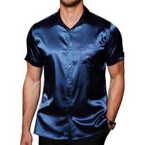 imageCOOFANDY Mens Silk Button Down Short Sleeve Shirt Satin Dress Shirts Summer Beach Wedding ShirtNavy Bluepure