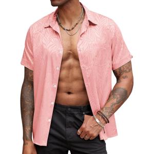 imageCOOFANDY Mens Silk Button Down Short Sleeve Shirt Satin Dress Shirts Summer Beach Wedding ShirtPink