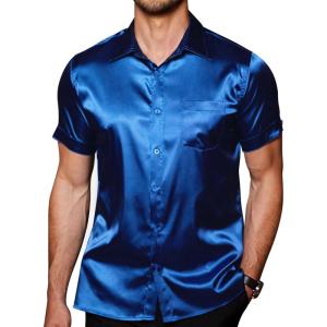 imageCOOFANDY Mens Silk Button Down Short Sleeve Shirt Satin Dress Shirts Summer Beach Wedding ShirtRoyal Bluepure