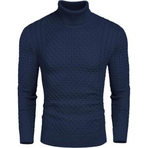 imageCOOFANDY Mens Slim Fit Turtleneck Sweater Casual Knitted Twisted Pullover Solid SweatersDark Blue
