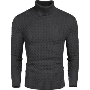 imageCOOFANDY Mens Slim Fit Turtleneck Sweater Casual Knitted Twisted Pullover Solid SweatersDark Gray