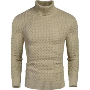 imageCOOFANDY Mens Slim Fit Turtleneck Sweater Casual Knitted Twisted Pullover Solid SweatersKhaki