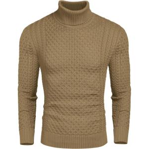 imageCOOFANDY Mens Slim Fit Turtleneck Sweater Casual Knitted Twisted Pullover Solid SweatersLight Khaki