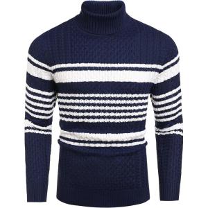 imageCOOFANDY Mens Slim Fit Turtleneck Sweater Casual Knitted Twisted Pullover Solid SweatersNavy BlueWhite Stripes