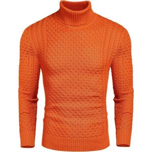 imageCOOFANDY Mens Slim Fit Turtleneck Sweater Casual Knitted Twisted Pullover Solid SweatersOrange