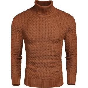imageCOOFANDY Mens Slim Fit Turtleneck Sweater Casual Knitted Twisted Pullover Solid SweatersRed Bronze