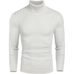 imageCOOFANDY Mens Slim Fit Turtleneck Sweater Casual Knitted Twisted Pullover Solid SweatersWhite
