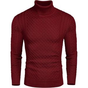 imageCOOFANDY Mens Slim Fit Turtleneck Sweater Casual Knitted Twisted Pullover Solid SweatersWine Red