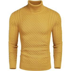 imageCOOFANDY Mens Slim Fit Turtleneck Sweater Casual Knitted Twisted Pullover Solid SweatersYellow