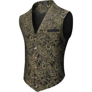 imageCOOFANDY Mens Suit Vest Paisley Floral Victorian Vests Gothic Steampunk Formal Waistcoat Tuxedo Vests with Notched LapelsGold  Black