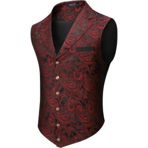 imageCOOFANDY Mens Suit Vest Paisley Floral Victorian Vests Gothic Steampunk Formal Waistcoat Tuxedo Vests with Notched LapelsWine Red