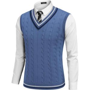 imageCOOFANDY Mens Sweater Vest V Neck Casual Sleeveless Pullover Striped Cable Knit Sweater VestDark Blue