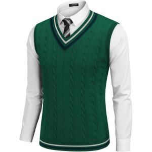 imageCOOFANDY Mens Sweater Vest V Neck Casual Sleeveless Pullover Striped Cable Knit Sweater VestGreen
