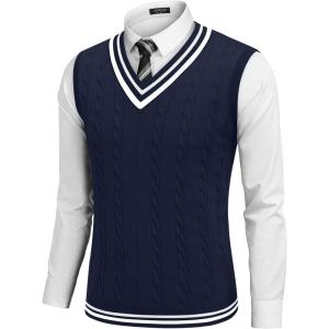 imageCOOFANDY Mens Sweater Vest V Neck Casual Sleeveless Pullover Striped Cable Knit Sweater VestNavy Blue  White Stripe