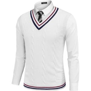 imageCOOFANDY Mens Sweater Vest V Neck Casual Sleeveless Pullover Striped Cable Knit Sweater VestWhite  Navy Blue Red Stripe