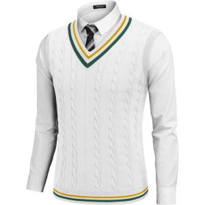 imageCOOFANDY Mens Sweater Vest V Neck Casual Sleeveless Pullover Striped Cable Knit Sweater VestYellow  Green Stripe