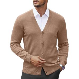 imageCOOFANDY Mens V Neck Cardigan Sweater Casual Lightweight Button Down Knitted Cardigan SweaterLight Brown