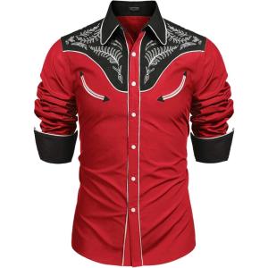 imageCOOFANDY Mens Western Cowboy Shirt Embroidered Button Down Long Sleeve ShirtsCotton  Red