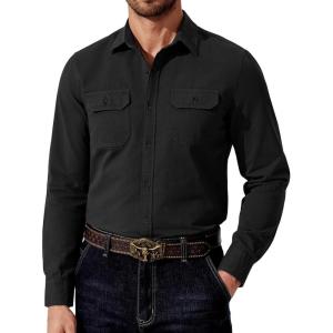 imageCOOFANDY Mens Western Cowboy Shirt Long Sleeve Cotton Button Down Work Shirts with PocketsBlack