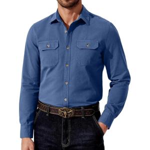imageCOOFANDY Mens Western Cowboy Shirt Long Sleeve Cotton Button Down Work Shirts with PocketsDenim Blue