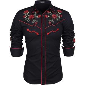 imageCOOFANDY Mens Western Cowboy Shirt Long Sleeve Embroidered Shirt Slim Fit Cotton Casual Button Down ShirtBlack Rose
