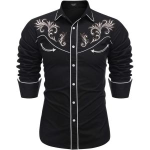 imageCOOFANDY Mens Western Cowboy Shirt Long Sleeve Embroidered Shirt Slim Fit Cotton Casual Button Down ShirtBlackpat8