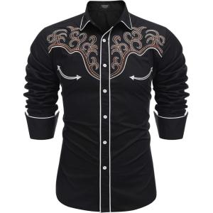 imageCOOFANDY Mens Western Cowboy Shirt Long Sleeve Embroidered Shirt Slim Fit Cotton Casual Button Down ShirtBlackpat9