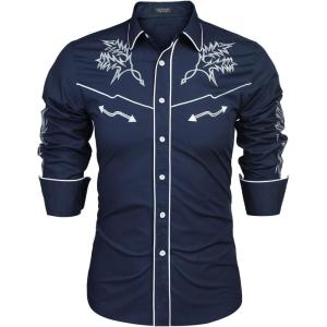 imageCOOFANDY Mens Western Cowboy Shirt Long Sleeve Embroidered Shirt Slim Fit Cotton Casual Button Down ShirtBlue