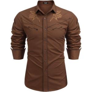 imageCOOFANDY Mens Western Cowboy Shirt Long Sleeve Embroidered Shirt Slim Fit Cotton Casual Button Down ShirtCoffee