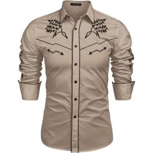 imageCOOFANDY Mens Western Cowboy Shirt Long Sleeve Embroidered Shirt Slim Fit Cotton Casual Button Down ShirtKhaki