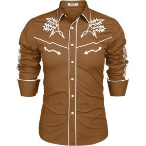 imageCOOFANDY Mens Western Cowboy Shirt Long Sleeve Embroidered Shirt Slim Fit Cotton Casual Button Down ShirtLight Brown