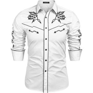 imageCOOFANDY Mens Western Cowboy Shirt Long Sleeve Embroidered Shirt Slim Fit Cotton Casual Button Down ShirtWhite