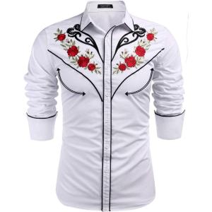 imageCOOFANDY Mens Western Cowboy Shirt Long Sleeve Embroidered Shirt Slim Fit Cotton Casual Button Down ShirtWhite Retro Rose